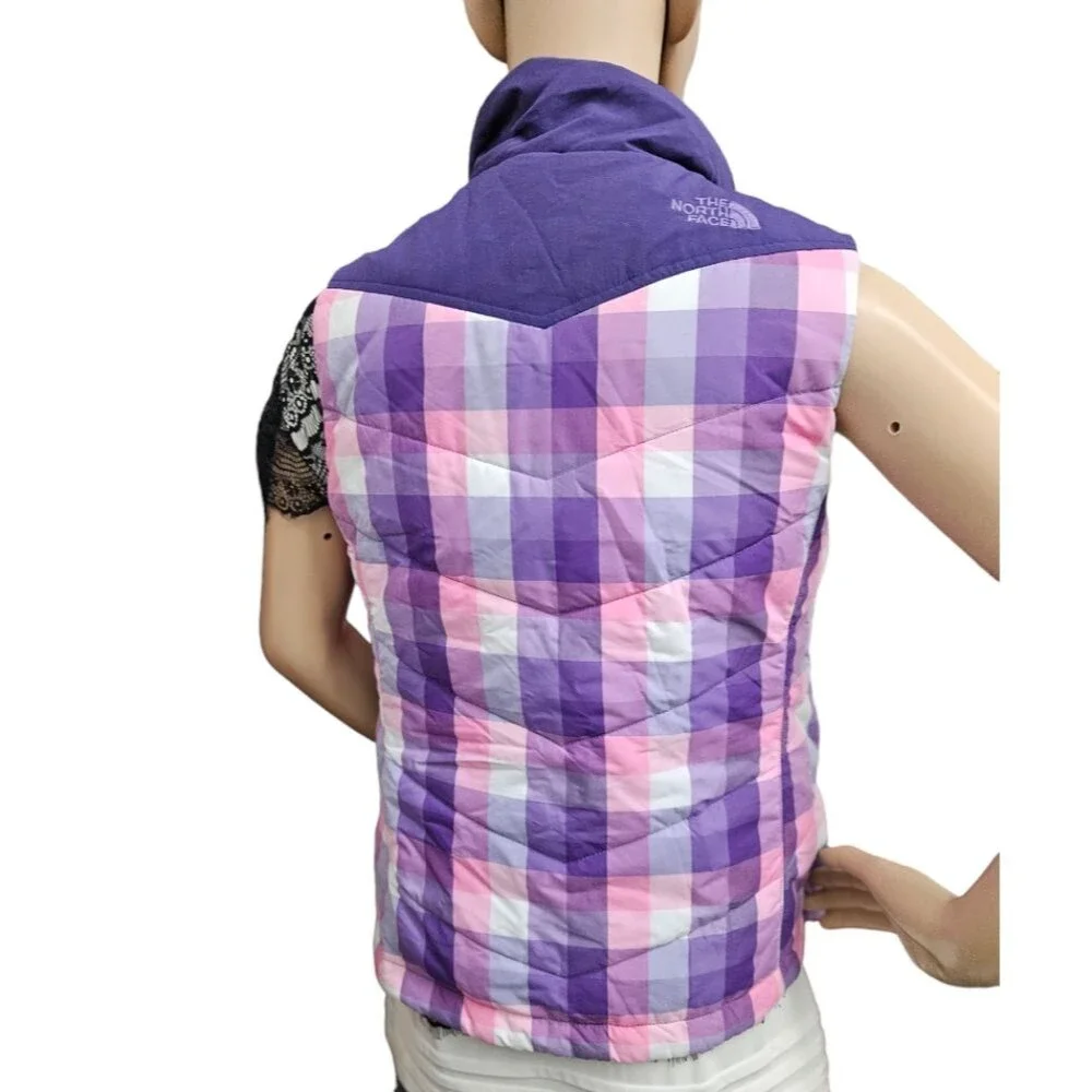 The North Face Plaid Quilted Puff Vest in Purple / Pink